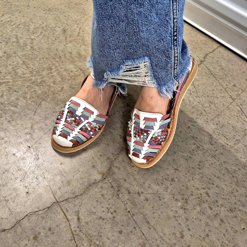 Woven Slip-On Mules in White with Pastel Accents